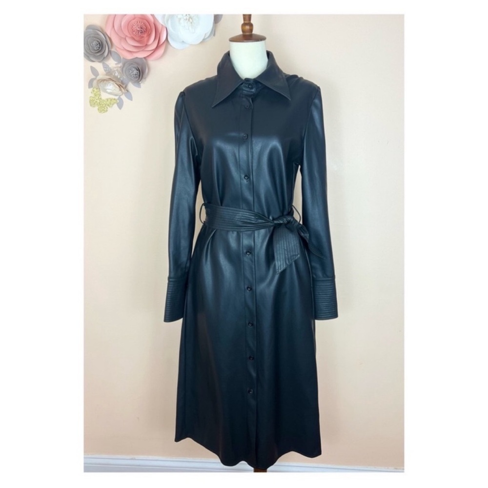 New! GRACIA Puff Sleeve Belted Faux Vegan Leather Trench Coat Midi Dress